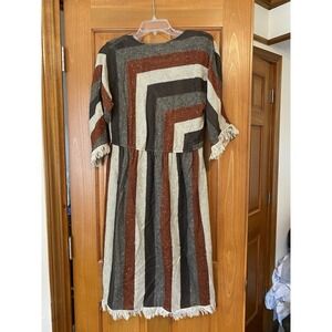 Leslie Faye Vtg Geometric Bohemian Midi Dress Small Shoulder Pads Womens Fringe